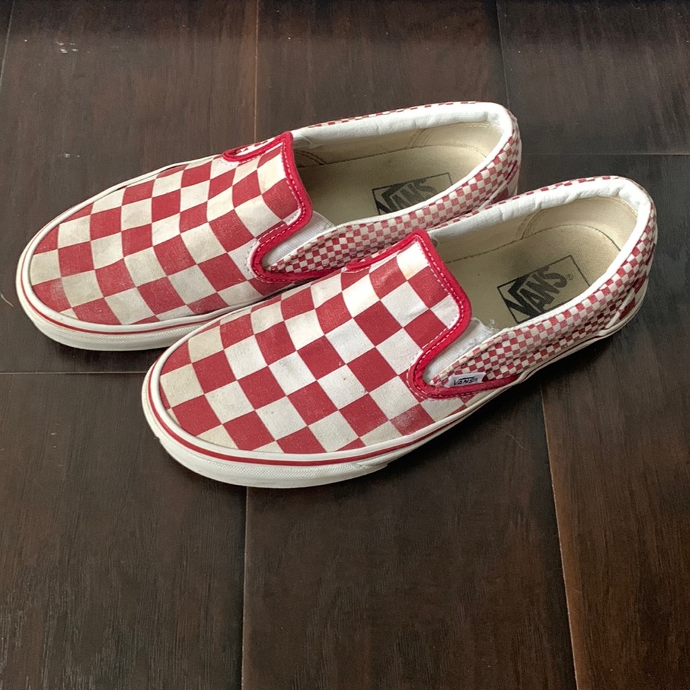 Red checkered vans slip on